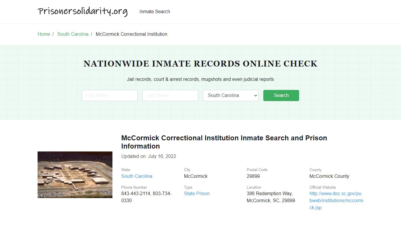 McCormick Correctional Institution Inmate Search, Visitation, Phone no ...